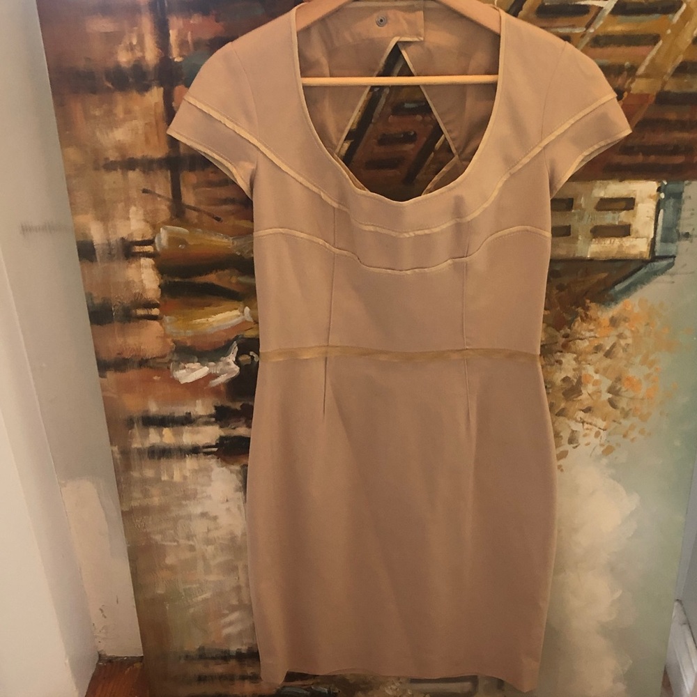 Zac Posen Cap Sleeve Sheath Dress in Nude with peekaboo back detail